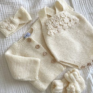 Knitted Baby Romper Set, Knit Baby Cardigan, Hand Knitted Headband, Knitted Baby Socks, Handmade Baby Bodysuit, Baby Coming Home Outfit