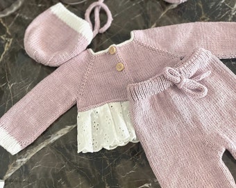 Hand Knitted Baby Girl Cardigan Set, Organic Baby Cardigan, Knitted Baby Clothes, Hand Knitted Baby Bonnet, Knitted Baby Outfit