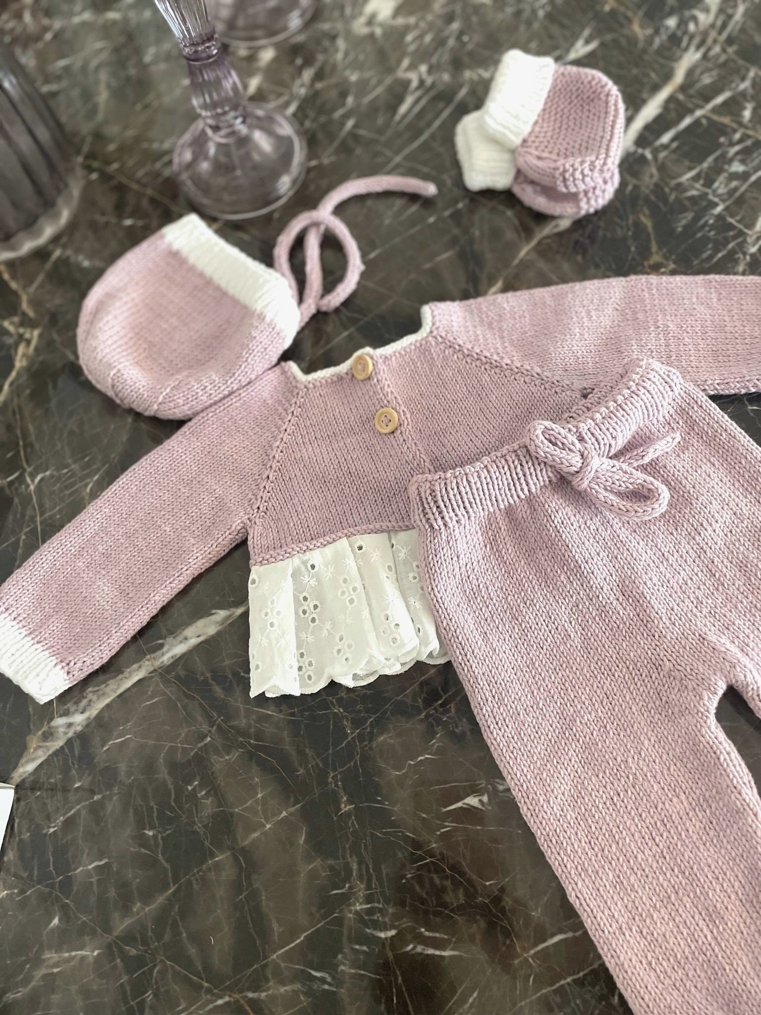 Hand Knitted Organic Baby Outfit: Cardigan Set with Bonnet & Shoes