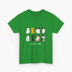 Cat Lover T-Shirt, Purrfect Love Green Tee, Cartoon Cat Print Shirt, Cat Mom Gift, Cute Kitty Tee, Funny Feline Top