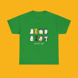 Cat Lover T-Shirt, Purrfect Love Green Tee, Cartoon Cat Print Shirt, Cat Mom Gift, Cute Kitty Tee, Funny Feline Top
