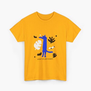 Cat and Tree Leaves Unisex Tee, Yellow T-Shirt with Blue Cat Print, Nature Lovers Shirt, Botanical Cat Tee, Gift for Cat Lovers