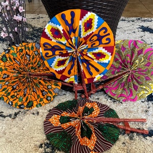 Hand Fan, Africa Fan, Foldable Ankara fan, RANDOMLY  PICKED fold fan, African hand fan with leather handles, Ghana Kente print handfan