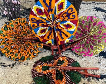 Hand Fan, Africa Fan, Foldable Ankara fan, RANDOMLY  PICKED fold fan, African hand fan with leather handles, Ghana Kente print handfan