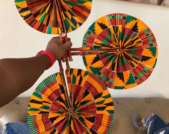 3 Kente Print Hand fan set, Africa fan folding, Kente Hand held fan Handmade, Ankara fabric fans