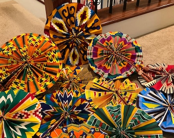 Hand fan, Africa fan , Ankara print, African print fans with leather handles, Ghana Kente fan, handmade fan, Beach fold fan