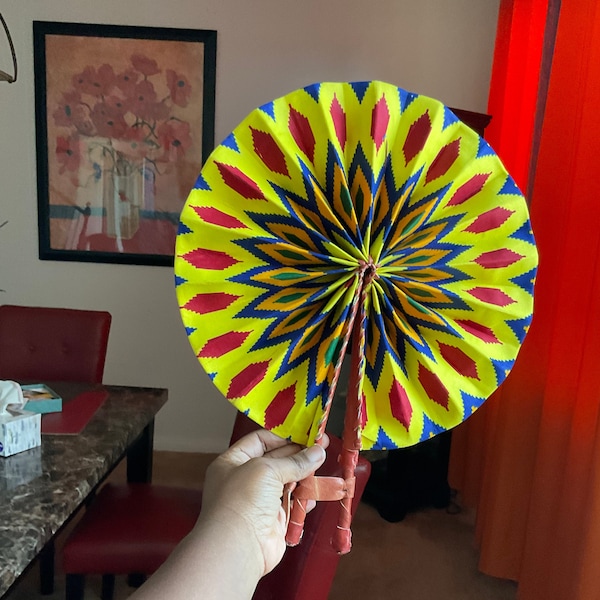 Gold hand fan, Africa Print Hand Fan, Hand Fans made with African Fabric, Folding fan Hand fan folding