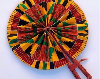 Africa Hand Fan, Vintage Ghana Kente fabric fan, Africa Fan, Foldable Ankara fan, Kente fold fan, African hand fan with leather handles.