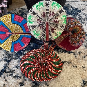 One Random Ankara Print Fan, Wall-hanging home decorative Fan, Made in Ghana African Print Fan, Foldable fan with leather handles, Print fan