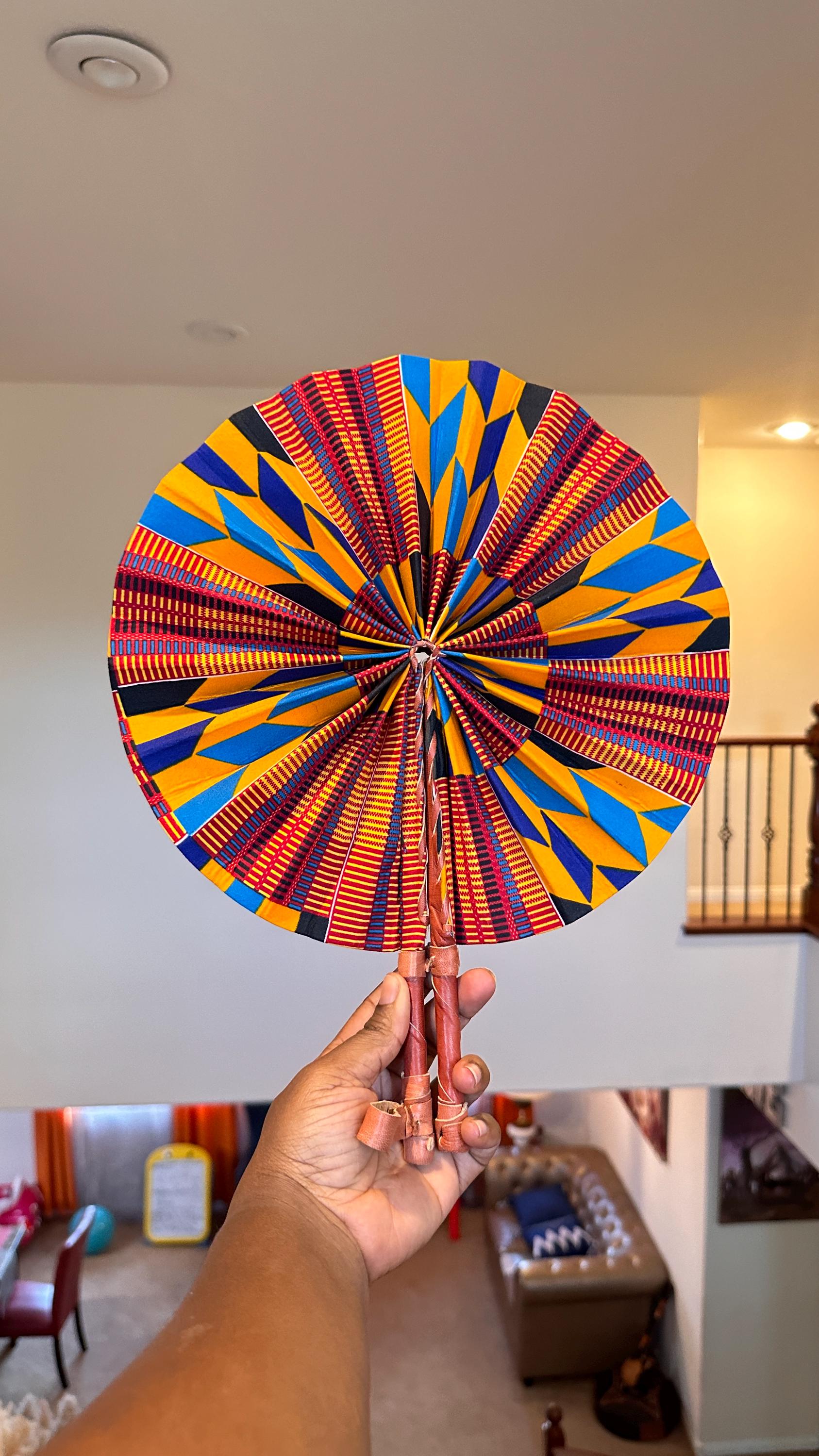 Kente Fabric Hand Fan, African Wax Print Fan, Handmade Handheld fan portable to fit in your purse. Folding Handfan Ankara print 100% cotton.