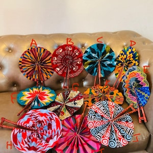 African print Hand fan, Pick your choice of folding fan , Ankara print, African print fans leather handles, Ghana Kente fan, handmade fan.
