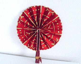 Adinkra Folding Fan, Red Hand Fan, Ankara print fan, Decorative wall fan, Africa Home decoration, Ghana cloth fan, wedding party hand fan.