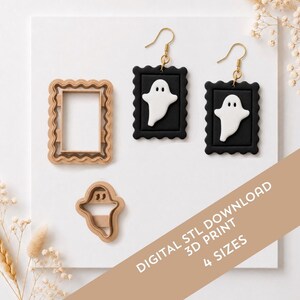 May include: A pair of rectangular earrings featuring a white ghost on a black background with gold-toned hooks, alongside a tan rectangular scalloped cookie cutter and a tan ghost-shaped cookie cutter, with text reading DIGITAL STL DOWNLOAD 3D PRINT 4 SIZES.