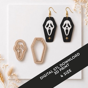 May include: A pair of black coffin-shaped earrings with white ghost-like masks and gold star accents on gold-toned hooks, alongside two beige plastic cutters in the shape of a ghost mask and a coffin. Text reads: DIGITAL STL DOWNLOAD 3D PRINT 4 SIZE.