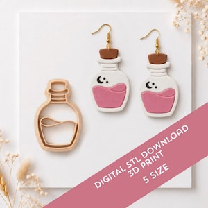 May include: A pair of white and pink potion bottle earrings with brown corks and gold hooks, alongside a matching beige bottle-shaped cookie cutter. Text on the image reads: DIGITAL STL DOWNLOAD 3D PRINT 5 SIZE.