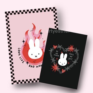 May include: Two art prints featuring a white bunny character. One print is pink with a bunny in flames and the text "LONG LIVE RAD WON". The other is black with a bunny in a heart of barbed wire and the text "DO NO HARM TAKE NO SHIT".