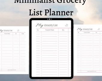 Minimalist Grocery  List Planner | Grocery List Printable, Shopping List, Printable Grocery List, Printable Shopping List, Grocery Checklist