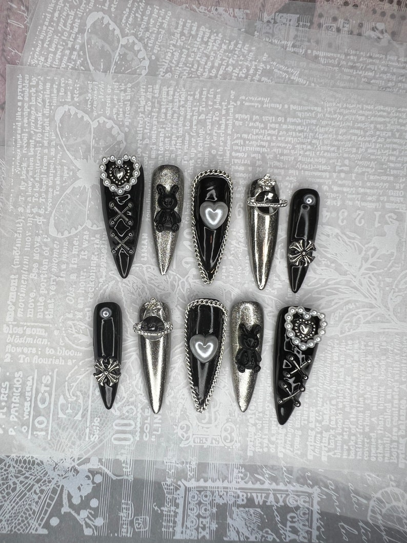 Emo Goth Press on Nails/ Black&silver Lolita Nails/ Y2k Nails/ - Etsy UK