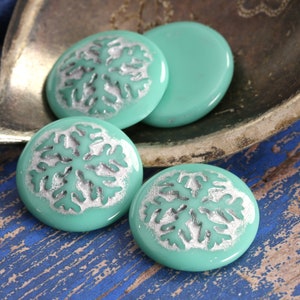 Czech Glass 21mm Snowflake Coin Cabochon - Green Turquoise w/ Silver