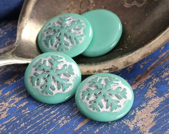 Czech Glass 21mm Snowflake Coin Cabochon - Green Turquoise w/ Silver