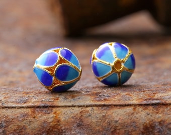Cloisonné 8mm Blue & Aqua w/ Gold Finish Openwork Petal Round Bead