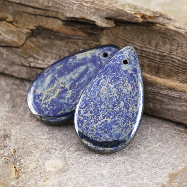 Czech Glass 30x18mm Teardrop - Cobalt w/ Silver Travertine