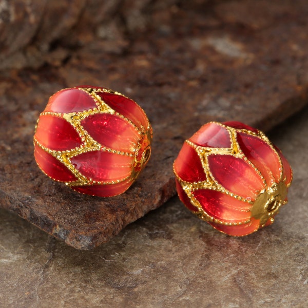 Cloisonné 13.5x12mm Red & Orange w/ Gold Finish Flower Barrel Bead