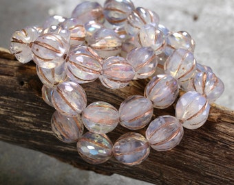 Czech Glass 10mm Faceted Melon Round - White Opal AB w/ Copper