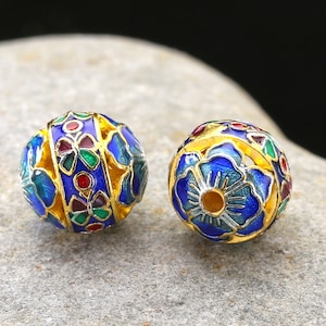 Cloisonné 12mm Blue, Aqua, Red, and Green w/ Gold Finish Lotus & Butterfly Round