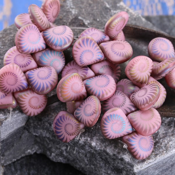 Czech Glass 12x11mm Briolette - Laser Etched Ammonite on Matte Desert Rose w/ Rainbow Finish