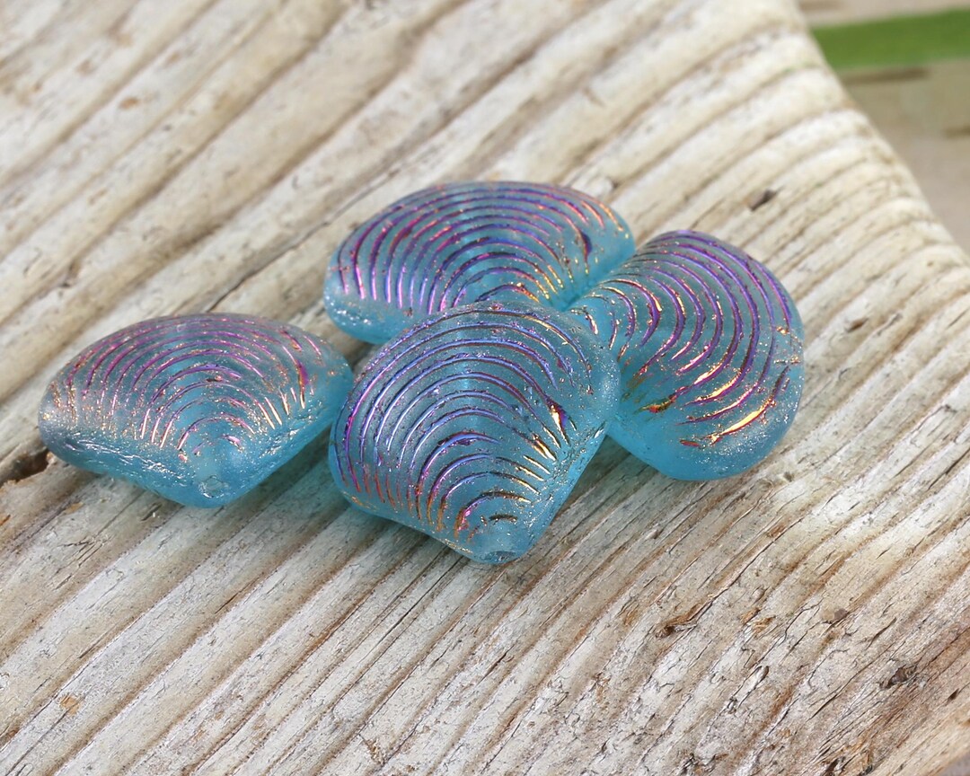 Czech Glass 15x18mm Clam Shell Bead - Matte Aquamarine W/ Metallic ...