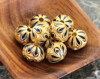 Cloisonné 10.5x14mm Navy Blue w/ Gold Finish Filigree Petal Rondelle