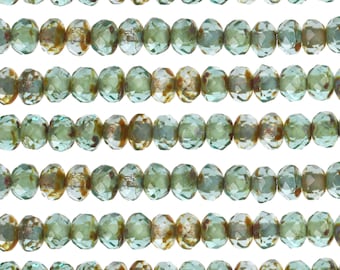Czech Glass 3x5mm Fire Polished Rondelle - Transparent Light Aquamarine Picasso