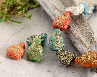 Czech Glass 15x10mm Buddha - Retro Garden w/ Gold Mix - Package of 10 Beads