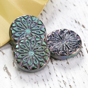 Czech Glass 18mm Origami Flower Coin - Iris Purple - Package of 6 Beads image 1