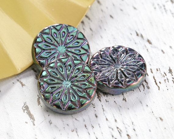 Czech Glass 18mm Origami Flower Coin - Iris Purple - Package of 6 Beads