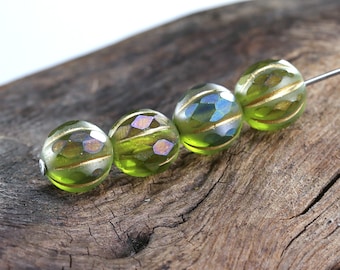 Czech Glass 8mm Faceted Melon Round - Matte Olivine AB w/ Gold