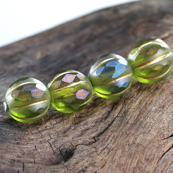 Czech Glass 8mm Faceted Melon Round - Matte Olivine AB w/ Gold