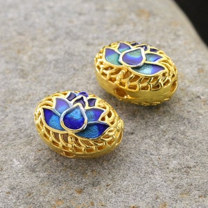 Cloisonné 13x9.5mm Blue & Aqua w/ Gold Finish Lotus Filigree Oval