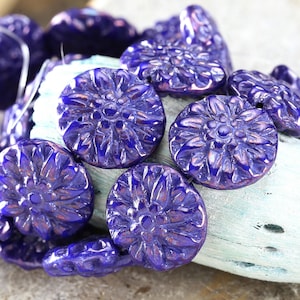 Czech Glass 14mm Dahlia Coin - Bronzed Indigo