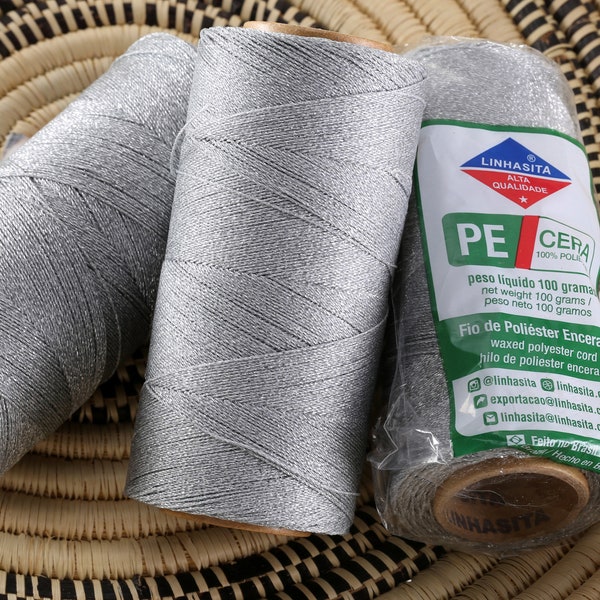 Metallic Silver (PRATA) Linhasita Waxed Polyester Cord,  PE-1 0.35mm or PE-4 1mm Thickness