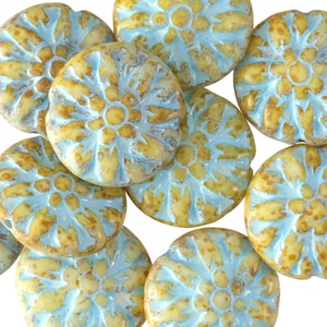 Czech Glass 14mm Dahlia Flower Coin - Vanilla Picasso w/ Blue Wash