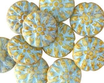 Czech Glass 14mm Dahlia Flower Coin - Vanilla Picasso w/ Blue Wash