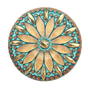 Bouton 31 mm en verre tchèque - Turquoise et marguerite dorée