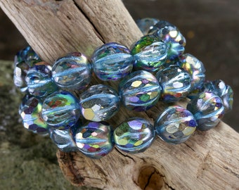 Czech Glass 10mm Faceted Melon Round - Crystal Vitrail w/ Metallic Blue