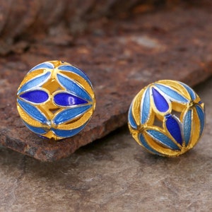 Cloisonné 11.5mm Blue & Aqua w/ Gold Finish Openwork Petals Round Bead