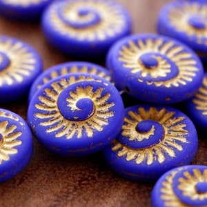 Czech Glass 18mm Ammonite Coin - Matte Indigo w/ Gold