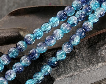 Czech Glass 6mm Druk - Dual Coated Navy & Aqua Crackle Crystal