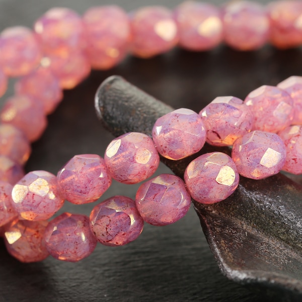 Czech Glass 6mm Fire Polished Round - Pink Opal w/ Gold Luster