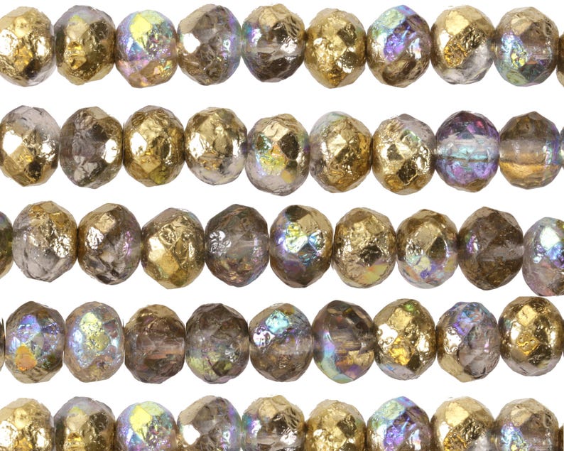 Czech Glass 5x7mm Fire Polished Rondelle - Etched Crystal AB w/ Gold & Silver Luster image 3